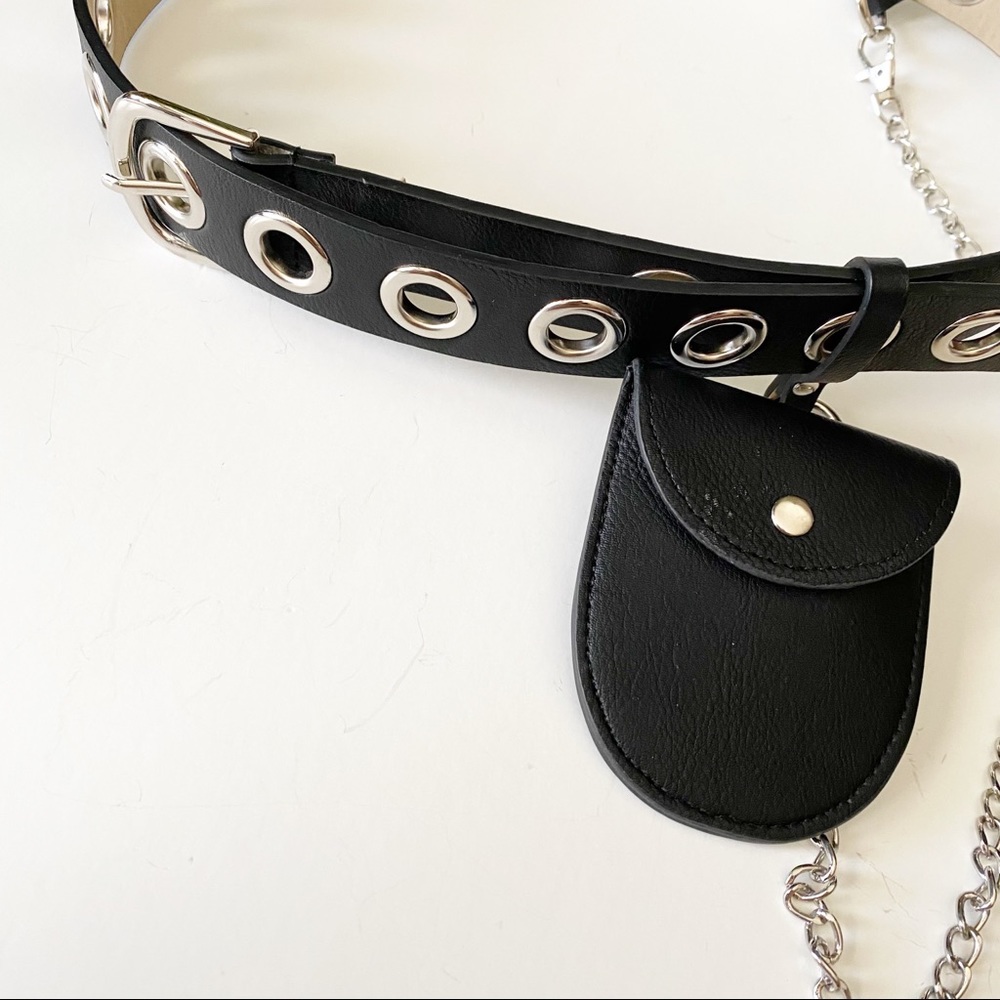 NEW Faux Leather Eyelet Belt with Chain and Pouch - Picture 2 of 4
